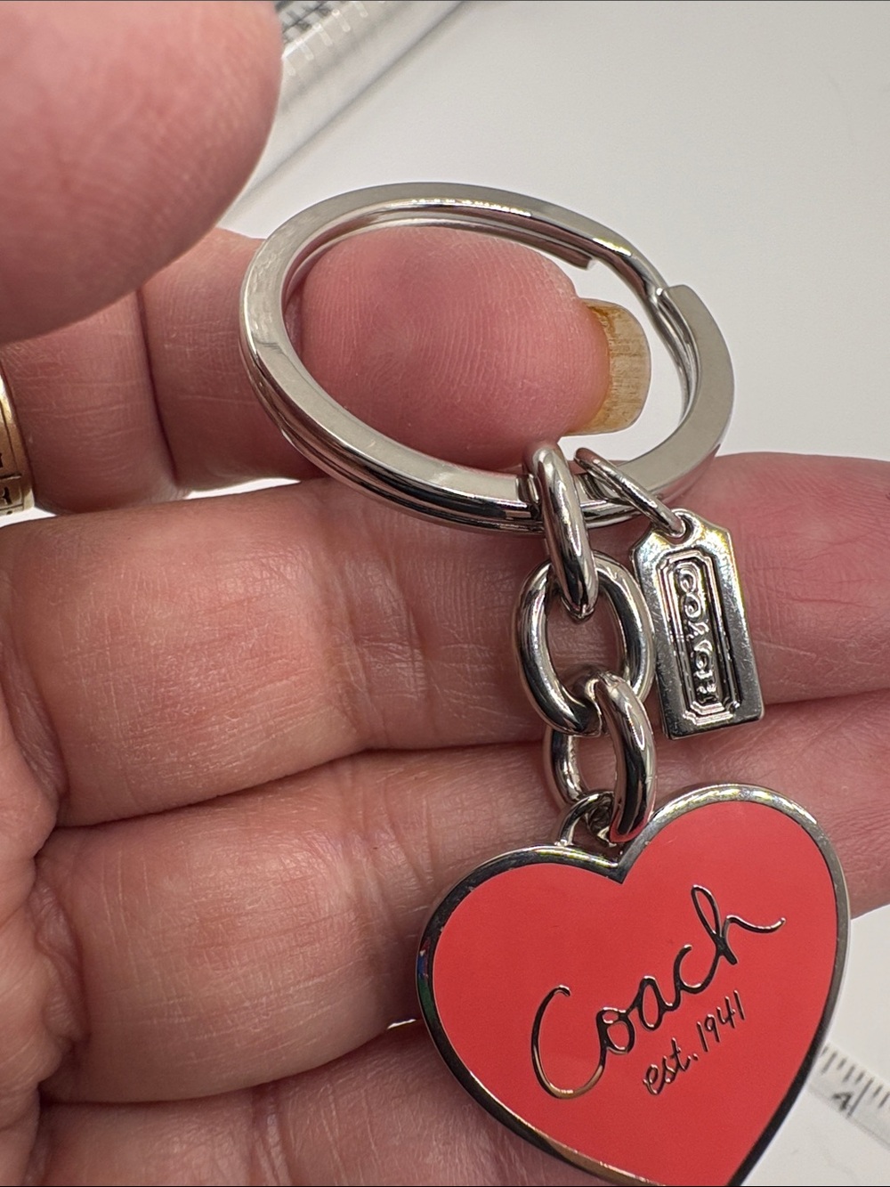 Coach Coral-Red Heart Keychain Charm with Tag